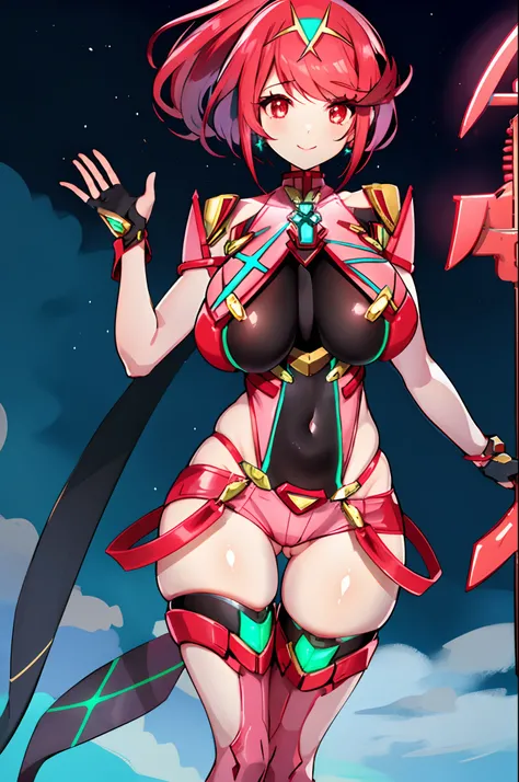 pyra (xenoblade), teen_1girl, loli, bangs, black gloves, breasts, red eyes, shout, earrings, eyelashes, fingerless gloves, floating hair, , gem, gloves, hair ornament, headpiece, jewelry, gigantic_breasts, leaning back, swimsuit, neon trim, official art, p...