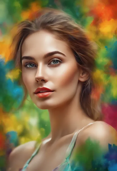 3D oil painting abstract, young girl with a colorful face and a lot of colorful paint, face, green eyes, full picture, young girl portrait made out of paint, face submerged in colorful oils,high resolution high contrast, 4K, details, simple, (the Extremely...