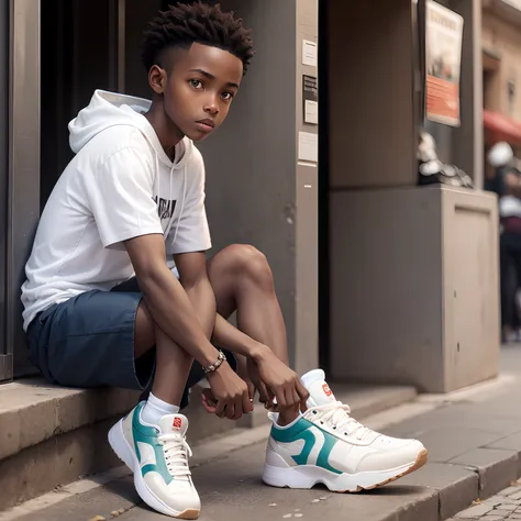 African Boy in Sneakers, en capuche, en plein ville