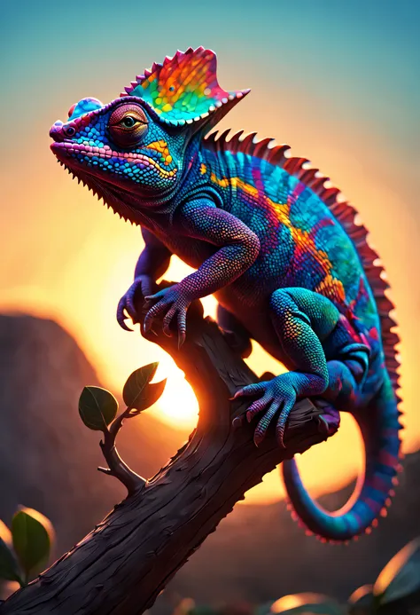 a silhouette design of a chameleon, sunset design, 3d vector art, cute and quirky, bright bold colorful., watercolor effect, , d...