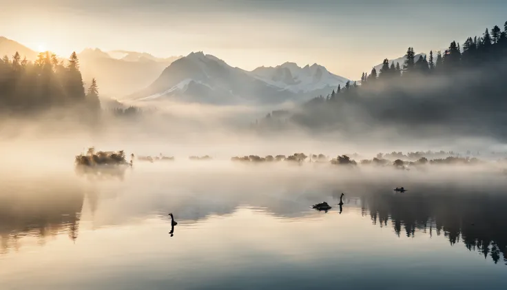 (best quality,4k,highres,masterpiece:1.2),ultra-detailed,realistic,beautiful landscape photography,mountain,lake,geese,heavy fog...