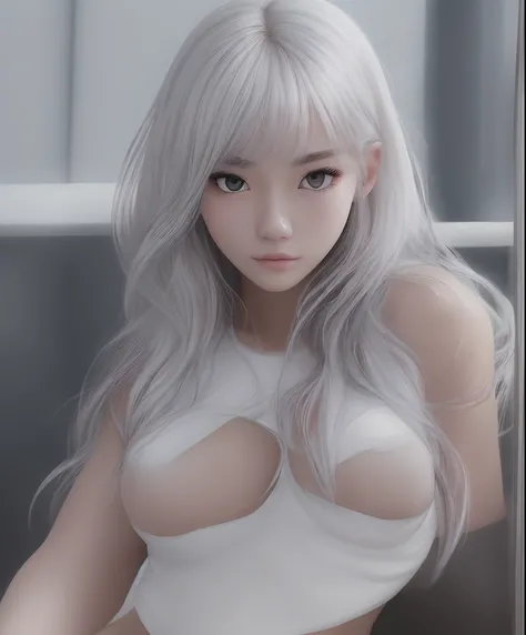 top-quality , half naked Beautiful skin、Long body、large full breasts、White skin color、perspiring、Sportswear、ssmile、Silvery hair、Split abs、Seductive look、Wearing sweat、A look of shame、Red Eyes、bob cut hairstyle))))、Silvery hair、red eyes、(((School Background...