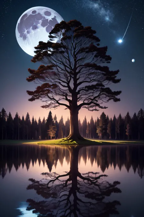 Expressionista,giant trees,noite,Reflection of the Moon, estrelas, extremely high quality