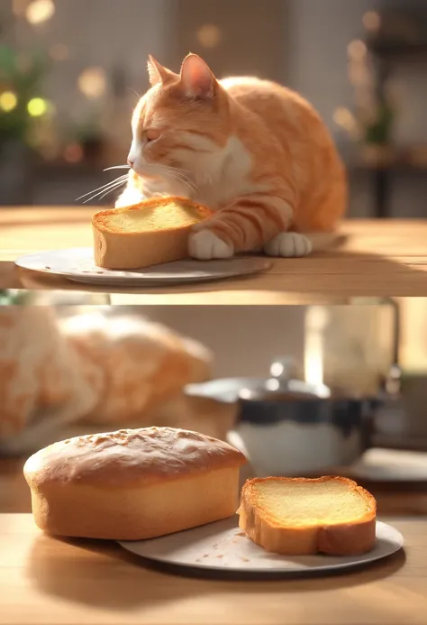 A cat eating a loaf of bread