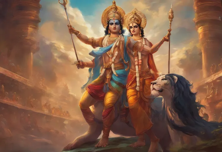 An artists depiction of Lord Krishna and his disciple Arjuna, cena do bhagavad gita