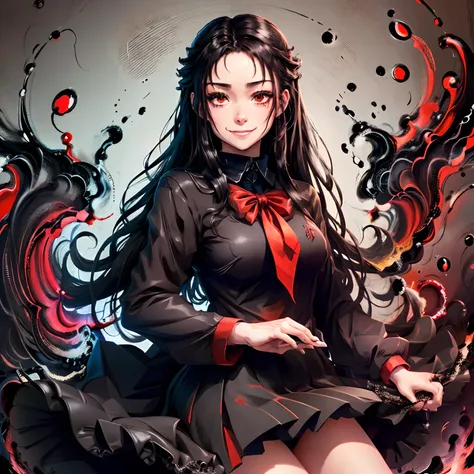 (long black hair), (red eyes), (black and red schoolgirl uniform) ,  (blood), (smiling), girl