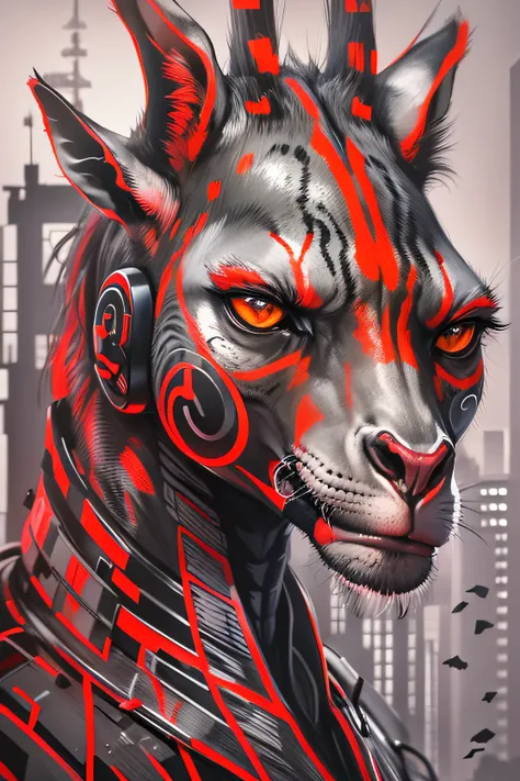 cyborg girafe noir et rouge portrait