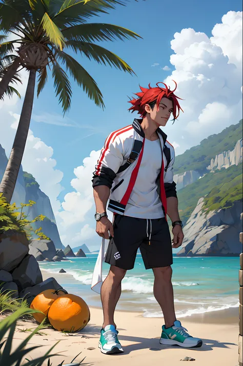 Sonic com roupa laranja, with white sneakers, com um pet cachorro, na praia de sunga