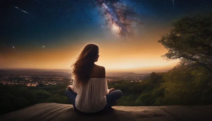 Girl Sitting Long Hair Starry Sky Night Buildings Milky Way Tree