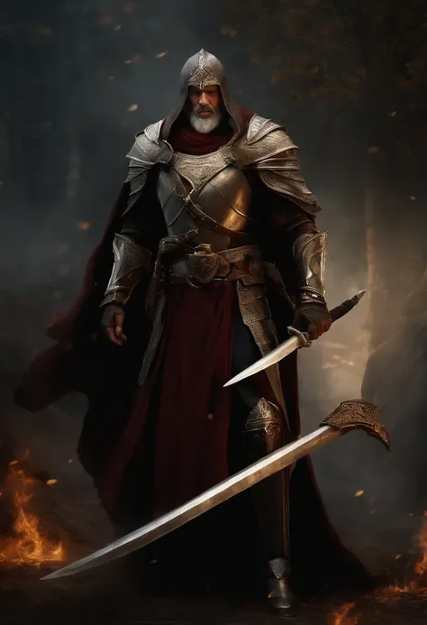 an elderly but strong inquisitor warrior with a well-preserved armor, wielding a scythe as his weapon, (best quality, highres), extremely detailed armor, battle-worn appearance, piercing gaze, focused expression, long gray beard, weathered face, intricate ...