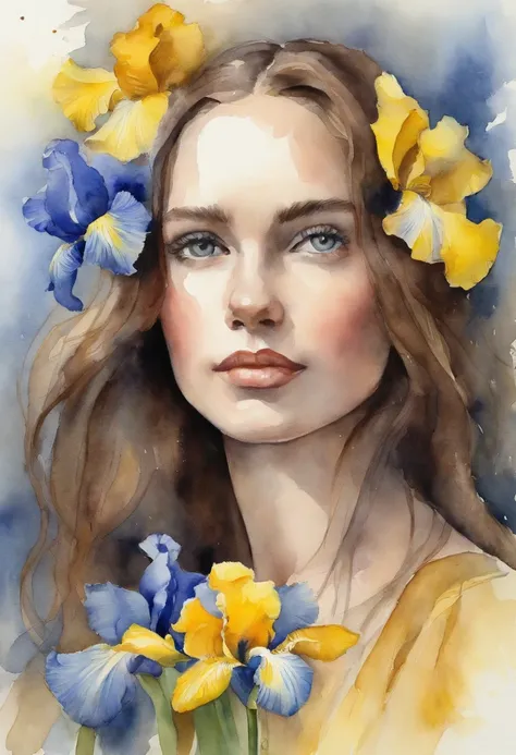 Young girl with yellow and blue iris, Estilo Stacia Burlington, Aquarela, Cor suave, rosto sereno, Close-up, Imagens vintage, noiva, raios de sol, cabelos cacheados