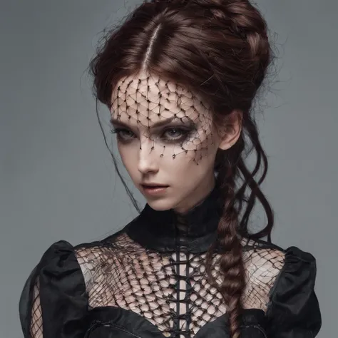 "(best quality, highres, masterpiece:1.2), vivid gothic girl in symbolic black netted clothing, detailed wiring of barbed wire on her body, beautiful brown hair, with streaks of gray"