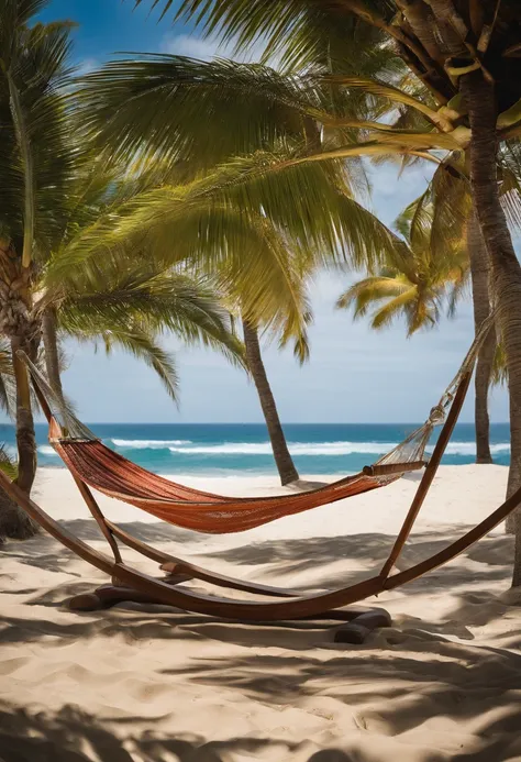 Describe a beachfront beach hammock, num quarto luxuoso e aconchegante, com vista para o oceano em um dia ensolarado. Explore os detalhes do ambiente, como a brisa marinha, the warm sand underfoot and the gentle waves that come close to the shore. Highligh...