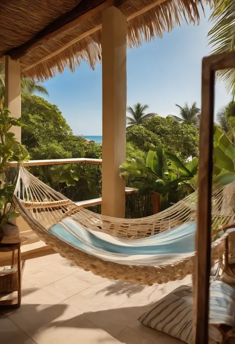 Describe a hammock on the beach balcony by the sea, num quarto luxuoso e aconchegante, com vista para o oceano em um dia ensolarado. Explore os detalhes do ambiente, como a brisa marinha, the warm sand underfoot and the gentle waves that come close to the ...