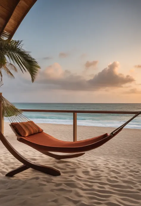 Describe a hammock on the beach balcony by the sea, num quarto luxuoso e aconchegante, com vista para o oceano em um dia ensolarado. Explore os detalhes do ambiente, como a brisa marinha, the warm sand underfoot and the gentle waves that come close to the ...