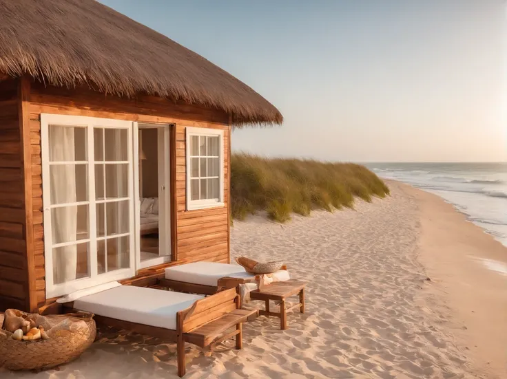 Describe a beachfront beach hut, num quarto luxuoso e aconchegante, com vista para o oceano em um dia ensolarado. Explore os detalhes do ambiente, como a brisa marinha, the warm sand underfoot and the gentle waves that come close to the shore. Highlight th...