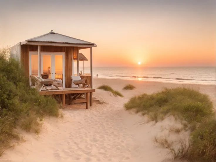 Describe a beachfront beach hut, num quarto luxuoso e aconchegante, com vista para o oceano em um dia ensolarado. Explore os detalhes do ambiente, como a brisa marinha, the warm sand underfoot and the gentle waves that come close to the shore. Highlight th...