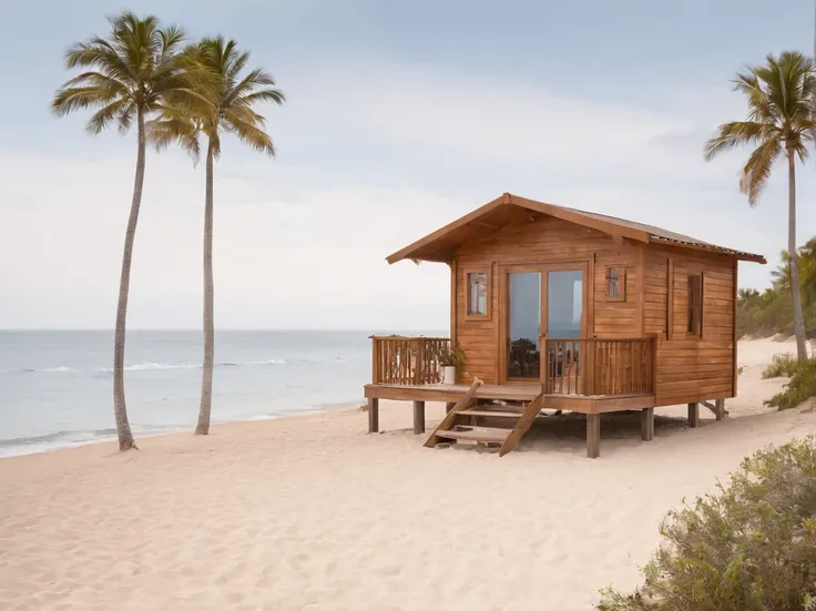 Describe a beachfront beach hut, num quarto luxuoso e aconchegante, com vista para o oceano em um dia ensolarado. Explore os detalhes do ambiente, como a brisa marinha, the warm sand underfoot and the gentle waves that come close to the shore. Highlight th...