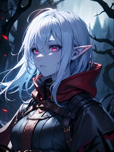 Close up, fantasy world, night, foggy, dark forest, humanoid, elf, her skin is a blue skin color, blue skin colour, red eyes, short messy white hair, emotionless expression, black leather, red leather pieces, leather straps, red cloak