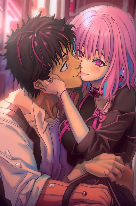 riamu,guts,couple,husband and wife,love dovey couple,sitting,hug,kiss,smile,(best quality,4k,8k,highres,masterpiece:1.2),mega-detailed,(,1.37),portraits,vivid colors,warm tones,soft lighting