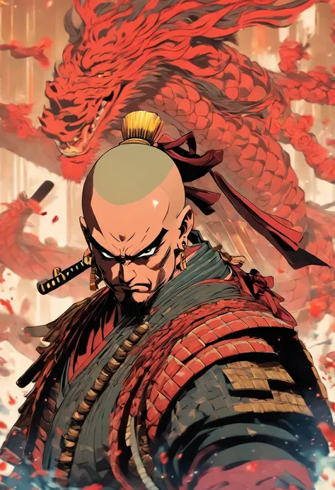 Bald human male samurai portrait with samurai tail and a katana of dungeons and dragons