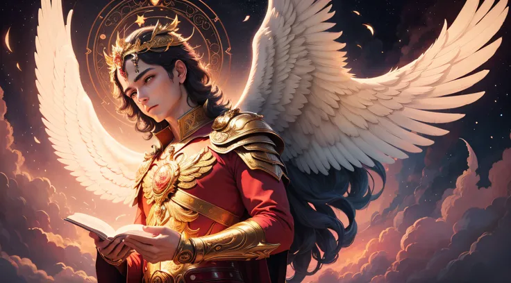 um personagem masculino bonito meia idade, o arcanjo Miguel, imagem celestial, detalhes intricados, realista, asas ROSAS e grandes, fundo angelical, armadura de ouro, Catholic illustrative image of the archangel Michael, Male character of the Bible, Michae...