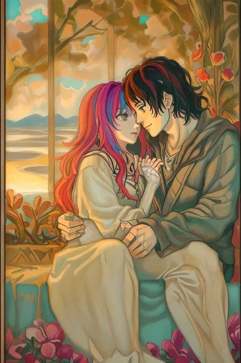 A couple sitting together, wrapped in each others arms, expressing their love and affection. The husband and wife are portrayed as riamu, with well-defined facial features, including beautiful detailed eyes, lips, and a genuine smile that radiates warmth. ...