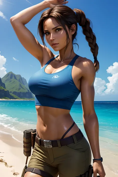 masterpiece, best quality, 1 girl, lara croft, slim, athletic, fit, tomb raider, standing, waving,, sandy beach, crysta; blue sparkling water, sunm blue sky,