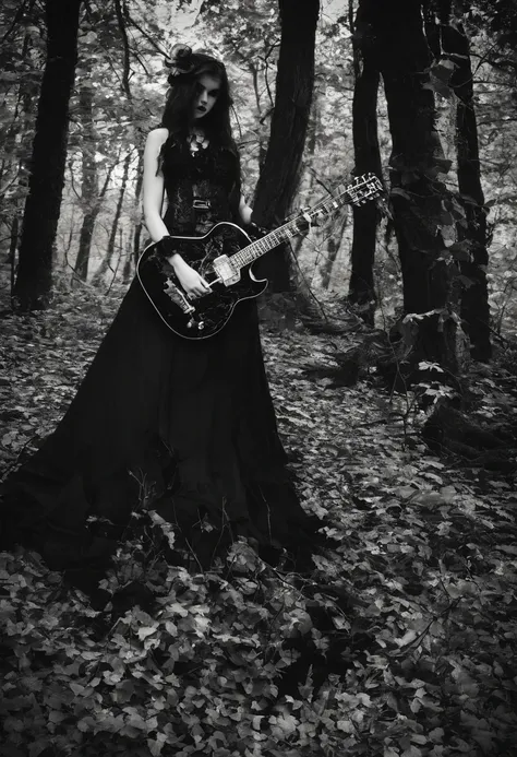 Metaleiro sexy com sua guitarra na floresta