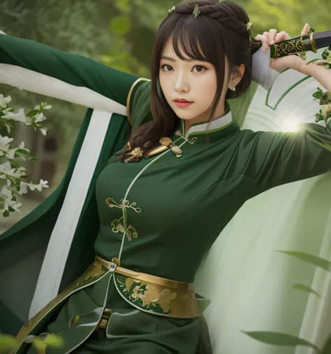 Woman in green dress holding sword