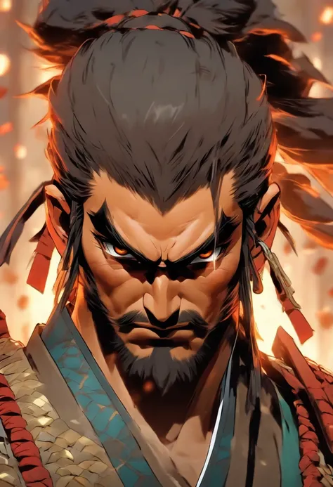 Human male samurai portrait with entrances with hair tied dungeons and dragons