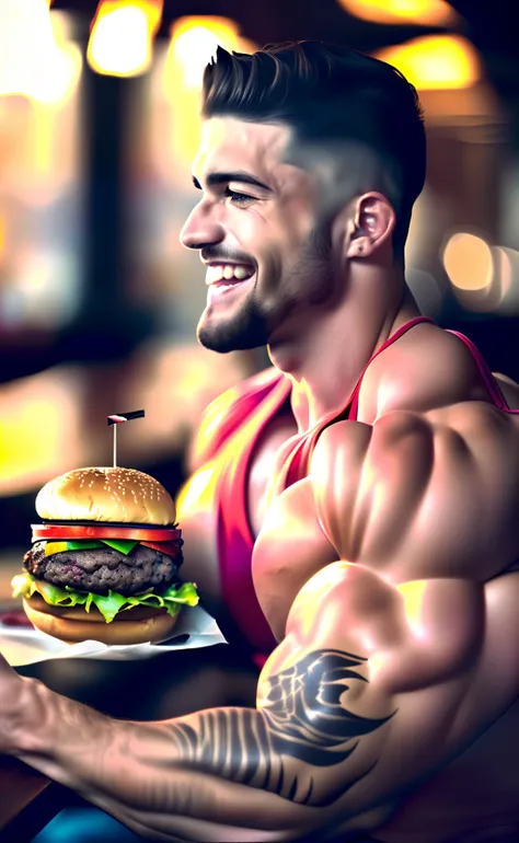 uma foto profissional de [((((buff Swoledoge)):buff Swoledoge:8], sorrindo, corpo urso com tatuagem escrito Jnlburgueria , Eating a big burger in a restaurant, Cinematic dramatic light, smooth transition, bokeh