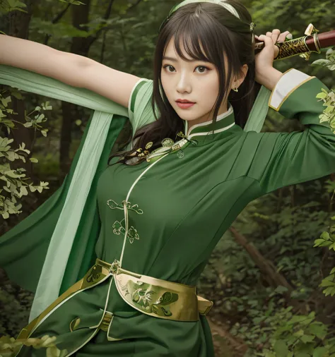 Woman in green dress holding sword,in woods