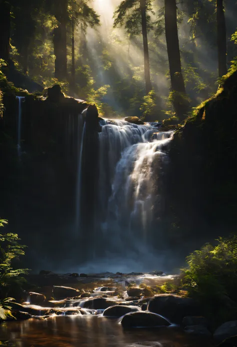 a beautiful photography of waterfall inside the forest, highly detail, realistic image, cinematic, landscape photography, natura...