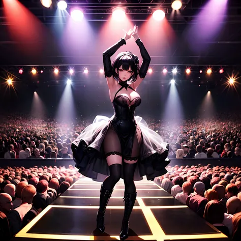 Masterpiece, Gothic Nightclub, Dark Wave, Electro Party, crowd, dancefloor, busty woman in a short black dress, black stockings, boots, deep cleavage, arms up, black hair, white face