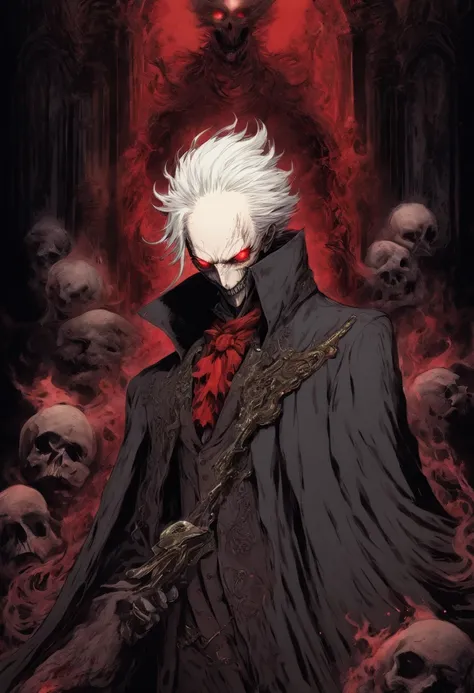 pale man with white hair, ropa victoriana como en bloodborne, tiene gafas rojas y lleva una pistola