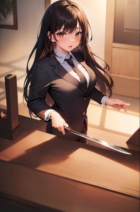 (nsfw), (masterpiece:1.2), best quality, masterpiece, highres, original, extremely detailed wallpaper, (ultra-detailed), (best illustration), (best shadow), (realism), librarian, small breasts, perky breasts, business suit, holding a knife, crazy look, cra...