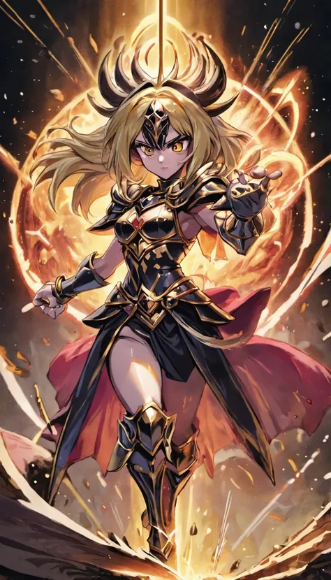 Dark magician girl:1 Illustration of the "Saint Seiya" universo. The scene features a dark magician girl as a Knight of the Zodiac., specifically representing the Scorpio wearing her Cloth, which is colored in gold and black tones and is designed in a styl...