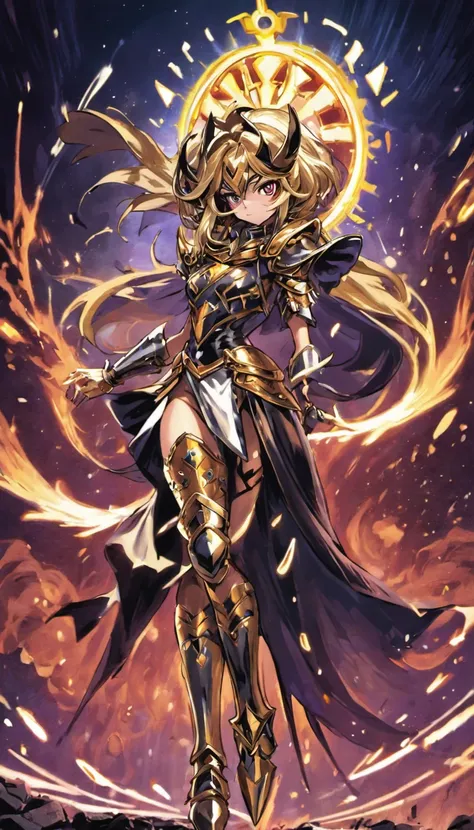 Dark magician girl:1 Illustration of the "Saint Seiya" universo. The scene features a dark magician girl as a Knight of the Zodiac., specifically representing the Scorpio wearing her Cloth, which is colored in gold and black tones and is designed in a styl...