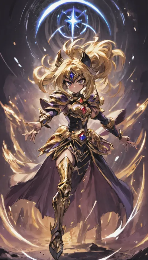 Dark magician girl:1 Illustration of the "Saint Seiya" universo. The scene features a dark magician girl as a Knight of the Zodiac., specifically representing the Scorpio wearing her Cloth, which is colored in gold and black tones and is designed in a styl...