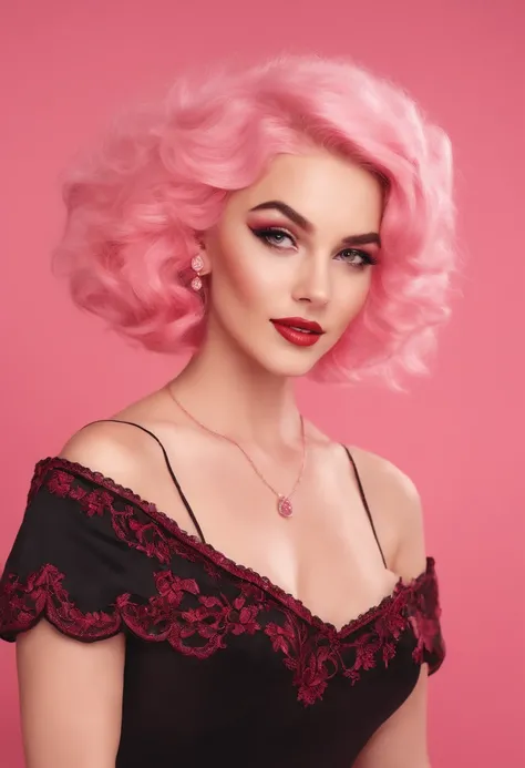 1 female , pink haired, wearing a red and black dress, in a pink room, smiling face