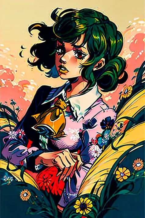 masterpiece, best quality, 1girl,green hair,ascot, kazami yuuka, umbrella,hair flower, flower