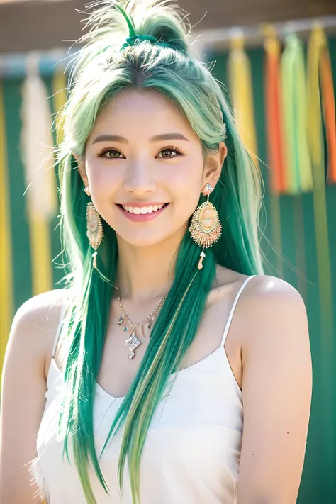 (extra detailed body、extra detailed face、best qualtiy:1.2)、femele、looking at the viewers、(White and emerald green gradient hair color、a smile、Earrings of bird feathers up to the shoulders、a necklace、hippy、colourful clothes)、(Aozora in the background)