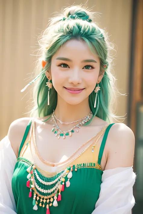 (extra detailed body、extra detailed face、best qualtiy:1.2)、femele、looking at the viewers、(White and emerald green gradient hair color、a smile、Earrings of bird feathers up to the shoulders、a necklace、hippy、colourful clothes)、(Aozora in the background)