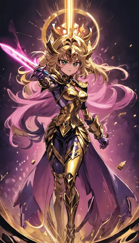 Maga Oscura:1 Illustration of the "Saint Seiya" universo. The scene features a dark wizard girl as Knight of the Zodiac.., specifically depicting Scorpio wearing its Fabric, which is colored in golden tones, black and pink and is designed in a style that r...