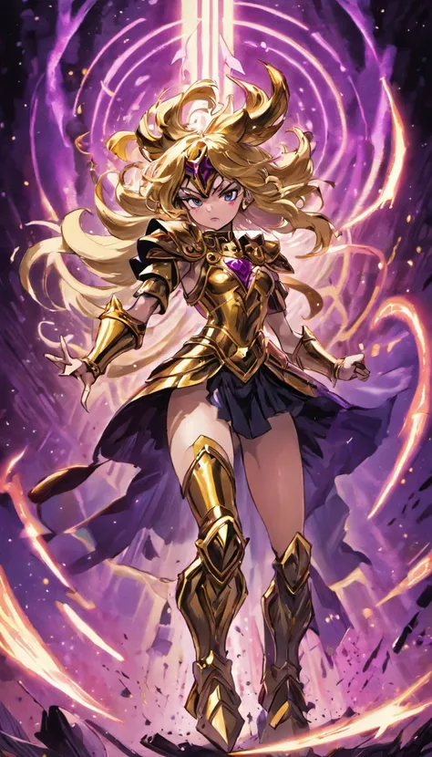 Maga Oscura:1 Illustration of the "Saint Seiya" universo. The scene features a dark wizard girl as Knight of the Zodiac.., specifically depicting Scorpio wearing its Fabric, which is colored in golden tones, black and pink and is designed in a style that r...