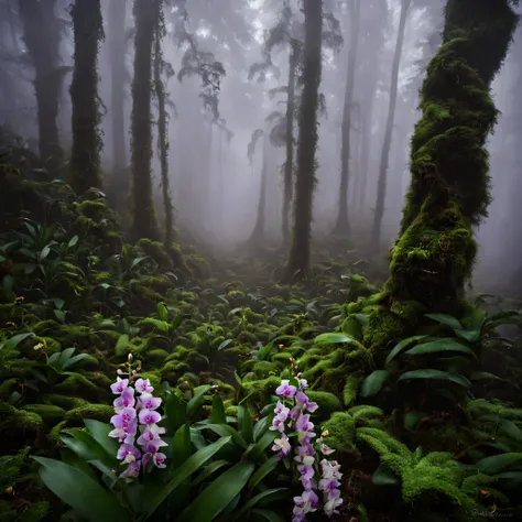 A beautiful photo of dense forest, creeping rope, clear forest floor, orchids, fog