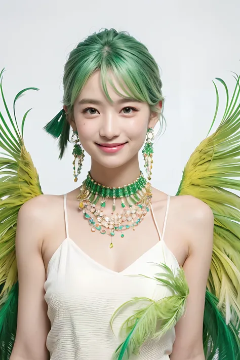 (extra detailed body、extra detailed face、best qualtiy:1.2)、femele、looking at the viewers、(White and emerald green gradient hair color、a smile、Earrings of bird feathers up to the shoulders、a necklace、hippy、colourful clothes)、(Aozora in the background)