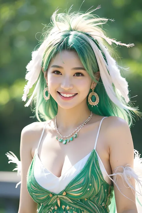 (extra detailed body、extra detailed face、best qualtiy:1.2)、femele、looking at the viewers、(White and emerald green gradient hair color、a smile、Earrings of bird feathers up to the shoulders、a necklace、hippy、colourful clothes)、(Aozora in the background)