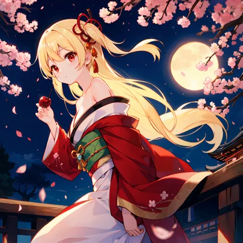 a blond、red eyes、One Beautiful Girl、kimono、off shoulders、a moon、natta、cherry trees